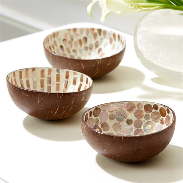 Tozai Home Naturals MOP Lacquered Coconut Bowl - Assorted 3 Designs - Set Of 12