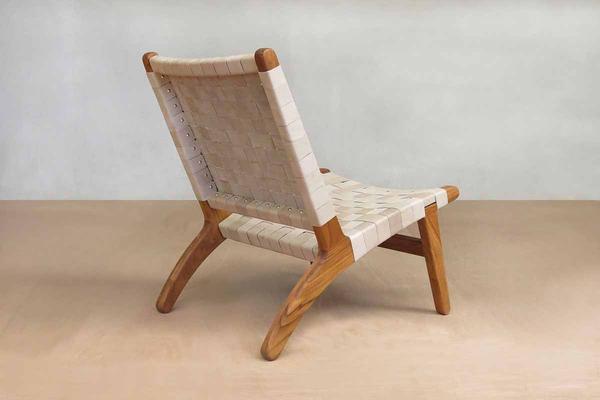 Masaya Leather Woven Lounge Chair- Natural Color Leather & Teak Wood