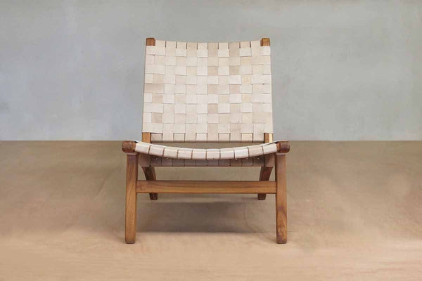 Masaya Leather Woven Lounge Chair- Natural Color Leather & Teak Wood