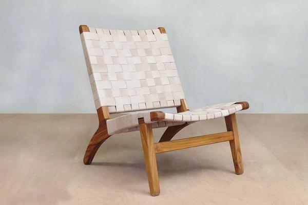 Masaya Leather Woven Lounge Chair- Natural Color Leather & Teak Wood