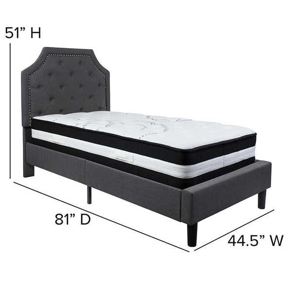 Brighton Twin Size Tufted Upholstered Platform Bed In Dark Gray Fabric With Pocket Spring Mattress By Flash Furniture | Beds | Modishstore - 4