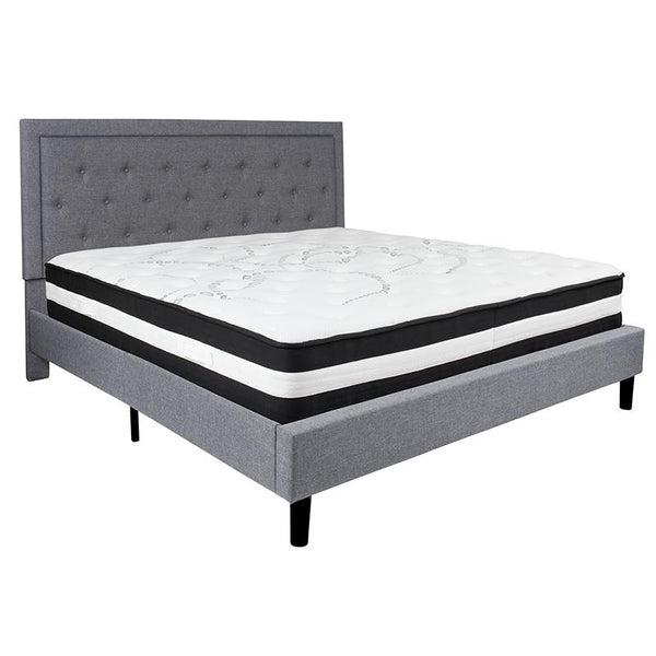 Roxbury King Size Tufted Upholstered Platform Bed In Light Gray Fabric With Pocket Spring Mattress By Flash Furniture | Beds | Modishstore - 2