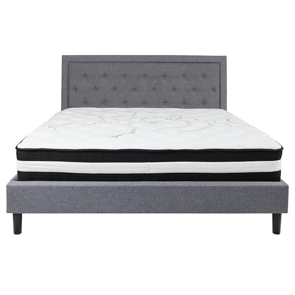 Roxbury King Size Tufted Upholstered Platform Bed In Light Gray Fabric With Pocket Spring Mattress By Flash Furniture | Beds | Modishstore - 3