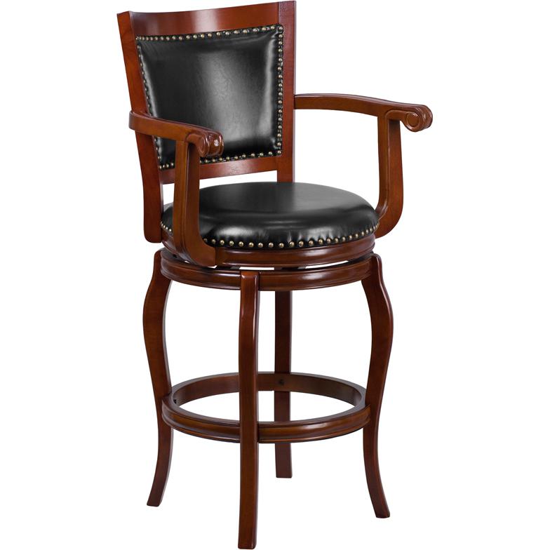 30'' High Cherry Wood Barstool With Arms, Panel Back And Black Leathersoft Swivel Seat By Flash Furniture | Bar Stools | Modishstore