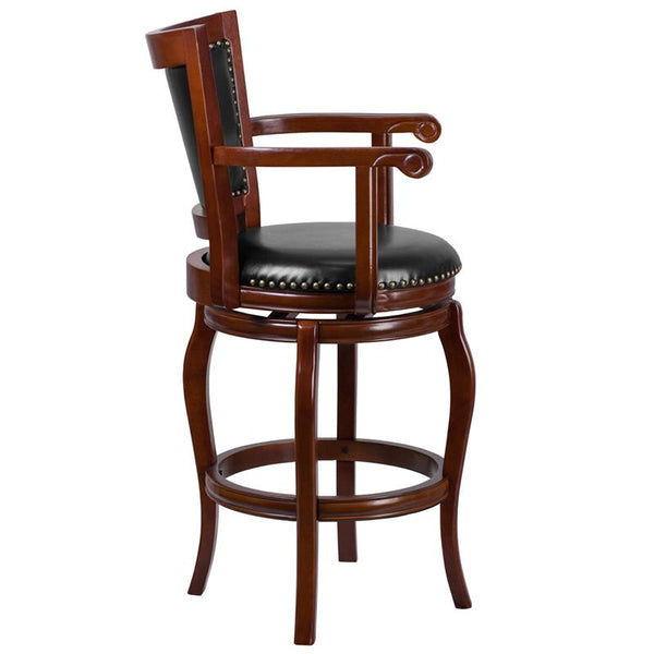 30'' High Cherry Wood Barstool With Arms, Panel Back And Black Leathersoft Swivel Seat By Flash Furniture | Bar Stools | Modishstore - 2