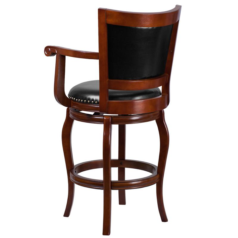 30'' High Cherry Wood Barstool With Arms, Panel Back And Black Leathersoft Swivel Seat By Flash Furniture | Bar Stools | Modishstore - 3