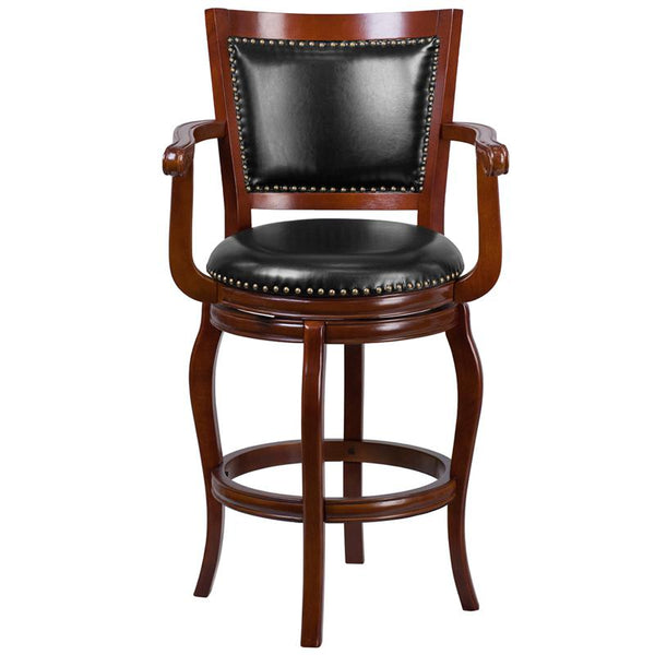 30'' High Cherry Wood Barstool With Arms, Panel Back And Black Leathersoft Swivel Seat By Flash Furniture | Bar Stools | Modishstore - 4