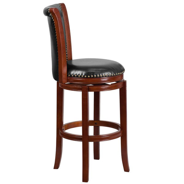 30'' High Dark Chestnut Wood Barstool With Panel Back And Black Leathersoft Swivel Seat By Flash Furniture | Bar Stools | Modishstore - 2