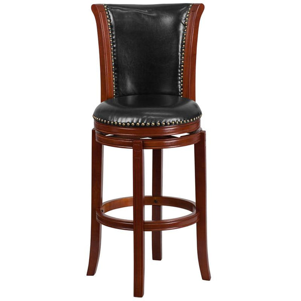 30'' High Dark Chestnut Wood Barstool With Panel Back And Black Leathersoft Swivel Seat By Flash Furniture | Bar Stools | Modishstore - 4