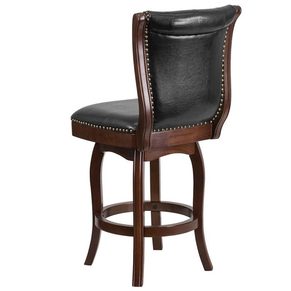26'' High Cappuccino Wood Counter Height Stool With Button Tufted Back And Black Leathersoft Swivel Seat By Flash Furniture | Bar Stools | Modishstore - 3