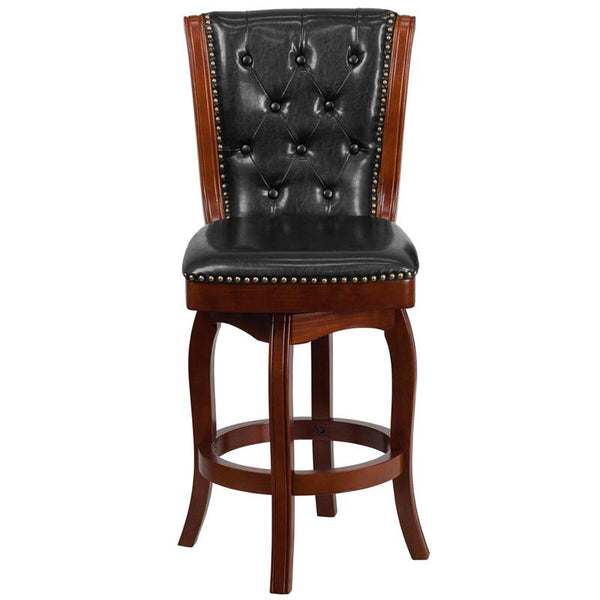 26'' High Cherry Wood Counter Height Stool With Button Tufted Back And Black Leathersoft Swivel Seat By Flash Furniture | Bar Stools | Modishstore - 4