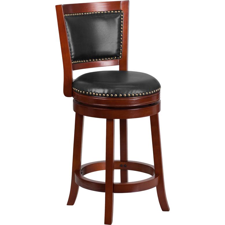 26'' High Dark Cherry Wood Counter Height Stool With Open Panel Back And Walnut Leathersoft Swivel Seat By Flash Furniture | Bar Stools | Modishstore