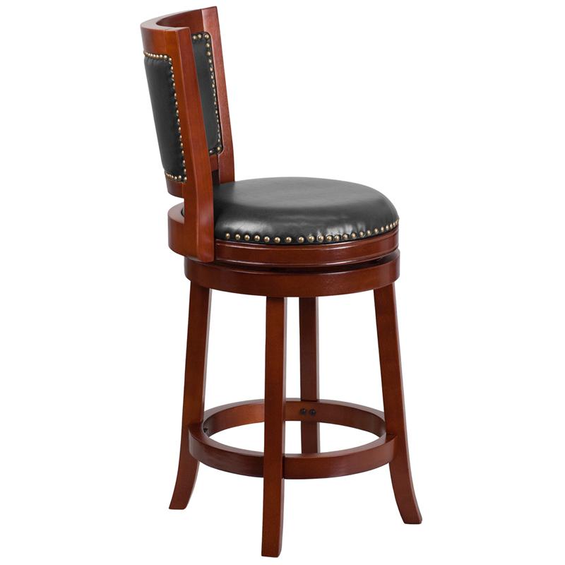 26'' High Dark Cherry Wood Counter Height Stool With Open Panel Back And Walnut Leathersoft Swivel Seat By Flash Furniture | Bar Stools | Modishstore - 2
