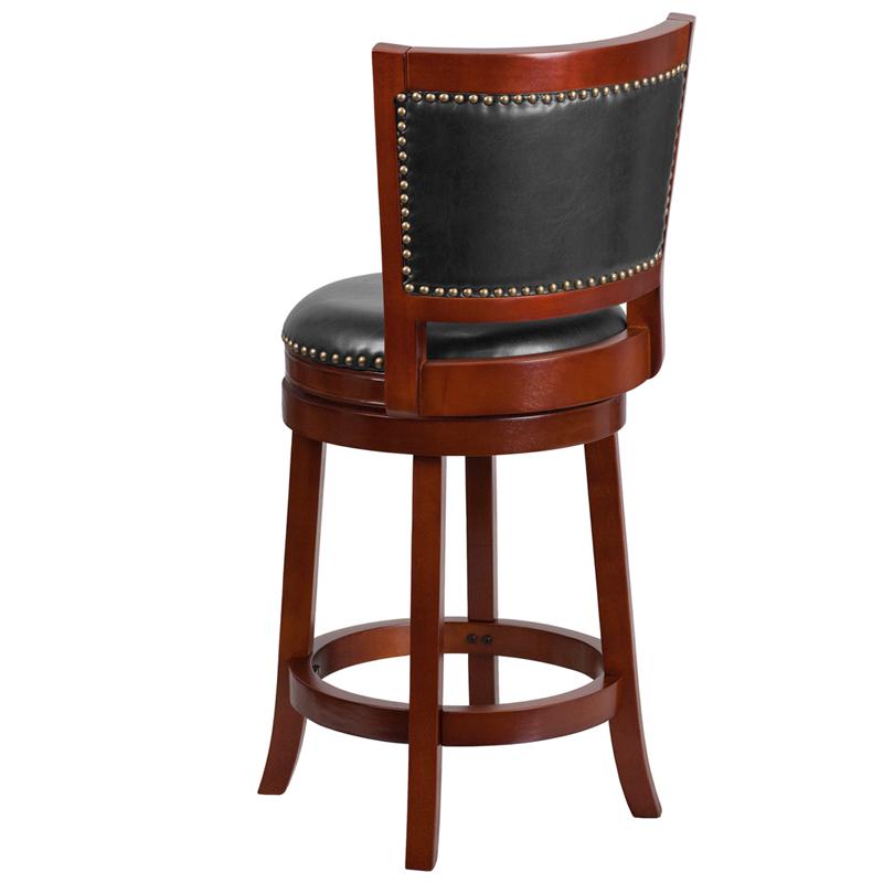 26'' High Dark Cherry Wood Counter Height Stool With Open Panel Back And Walnut Leathersoft Swivel Seat By Flash Furniture | Bar Stools | Modishstore - 3