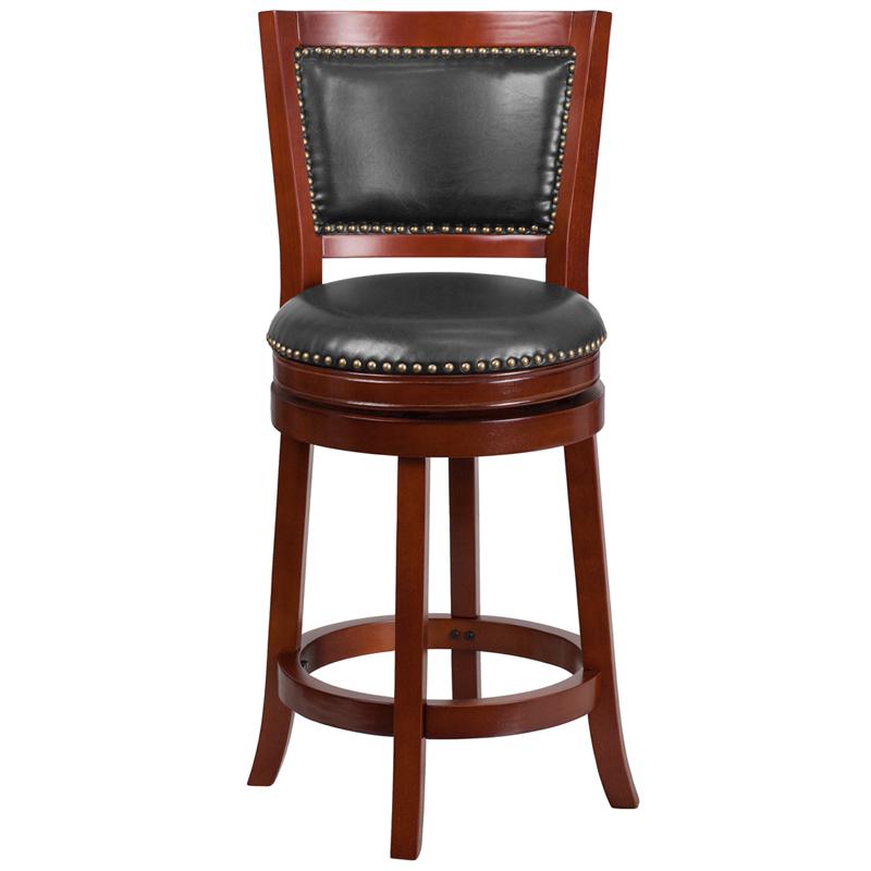 26'' High Dark Cherry Wood Counter Height Stool With Open Panel Back And Walnut Leathersoft Swivel Seat By Flash Furniture | Bar Stools | Modishstore - 4
