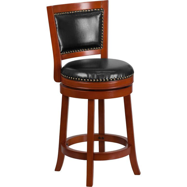 26'' High Light Cherry Wood Counter Height Stool With Open Panel Back And Black Leathersoft Swivel Seat By Flash Furniture | Bar Stools | Modishstore