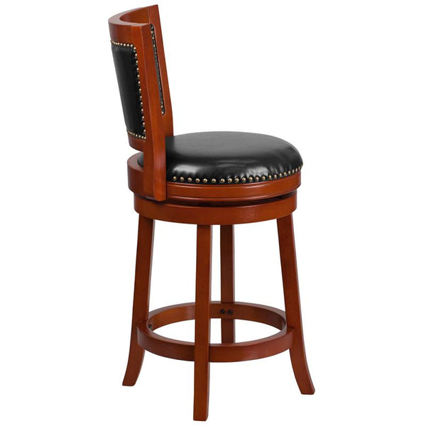 26'' High Light Cherry Wood Counter Height Stool With Open Panel Back And Black Leathersoft Swivel Seat By Flash Furniture | Bar Stools | Modishstore - 2
