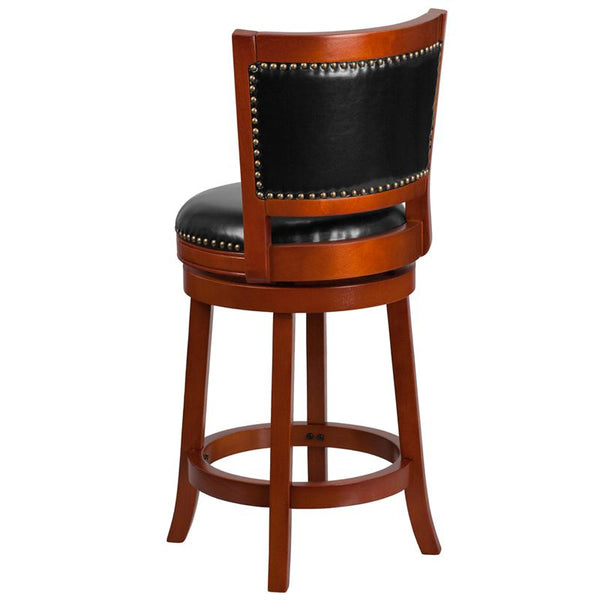 26'' High Light Cherry Wood Counter Height Stool With Open Panel Back And Black Leathersoft Swivel Seat By Flash Furniture | Bar Stools | Modishstore - 3