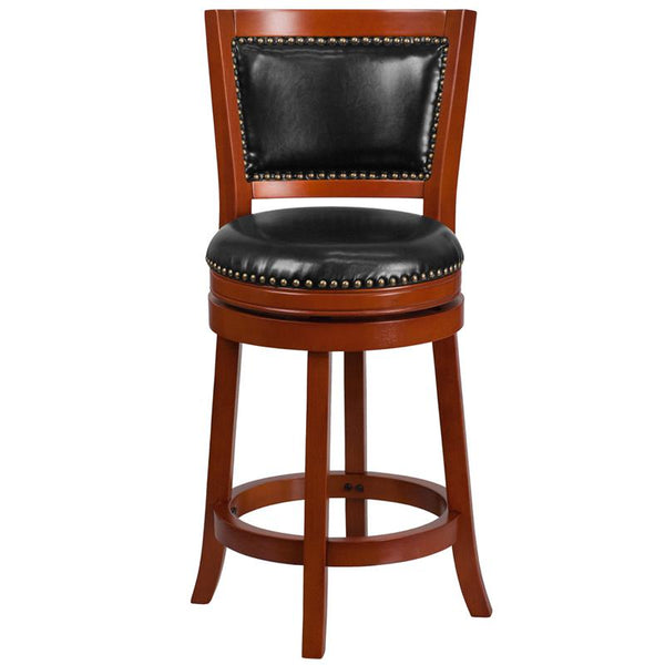 26'' High Light Cherry Wood Counter Height Stool With Open Panel Back And Black Leathersoft Swivel Seat By Flash Furniture | Bar Stools | Modishstore - 4