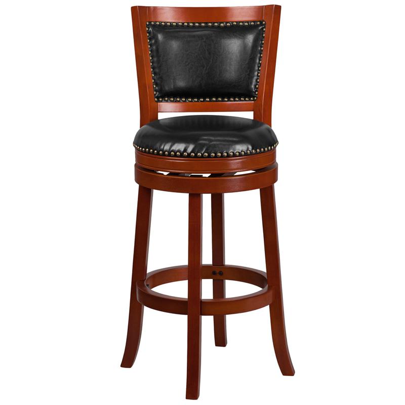 30'' High Light Cherry Wood Barstool With Open Panel Back And Black Leathersoft Swivel Seat By Flash Furniture | Bar Stools | Modishstore - 4