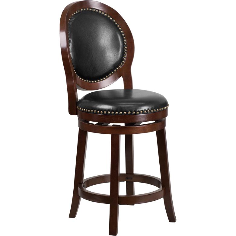 26'' High Cappuccino Counter Height Wood Stool With Oval Back And Black Leathersoft Swivel Seat By Flash Furniture | Bar Stools | Modishstore