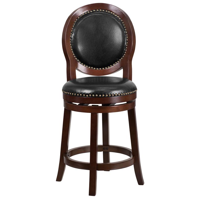 26'' High Cappuccino Counter Height Wood Stool With Oval Back And Black Leathersoft Swivel Seat By Flash Furniture | Bar Stools | Modishstore - 4