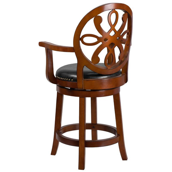 26'' High Brandy Wood Counter Height Stool With Arms, Carved Back And Black Leathersoft Swivel Seat By Flash Furniture | Bar Stools | Modishstore - 3