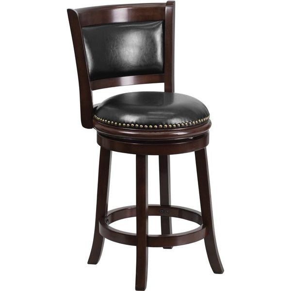 24'' High Cappuccino Wood Counter Height Stool With Panel Back And Black Leathersoft Swivel Seat By Flash Furniture | Bar Stools | Modishstore