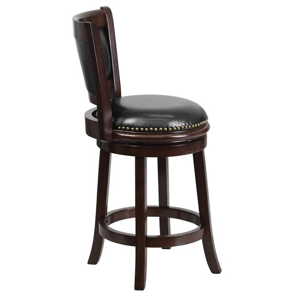 24'' High Cappuccino Wood Counter Height Stool With Panel Back And Black Leathersoft Swivel Seat By Flash Furniture | Bar Stools | Modishstore - 2