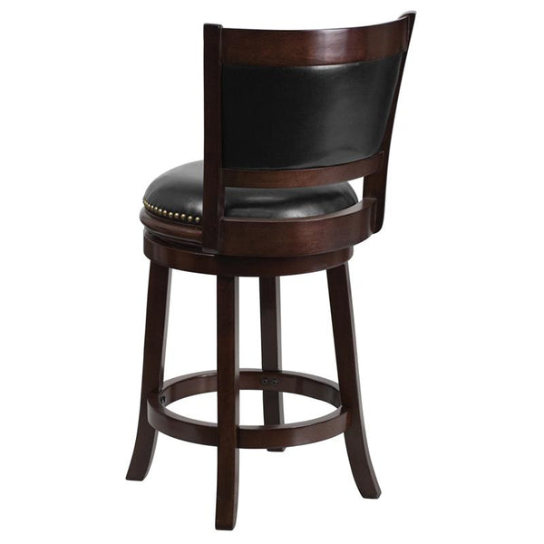 24'' High Cappuccino Wood Counter Height Stool With Panel Back And Black Leathersoft Swivel Seat By Flash Furniture | Bar Stools | Modishstore - 3