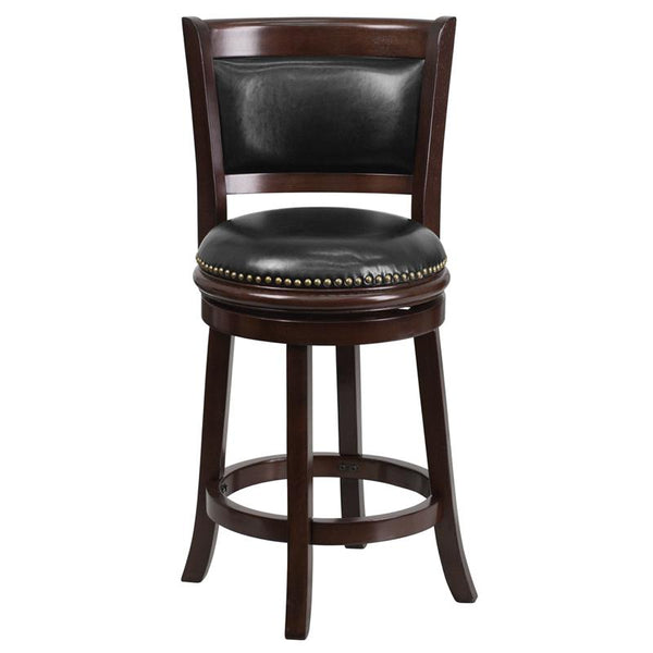 24'' High Cappuccino Wood Counter Height Stool With Panel Back And Black Leathersoft Swivel Seat By Flash Furniture | Bar Stools | Modishstore - 4