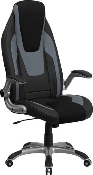 Flash Furniture High Back Black & Gray Vinyl Executive Swivel Office Chair With Black Mesh Insets And Flip-Up Arms | Office Chairs | Modishstore
